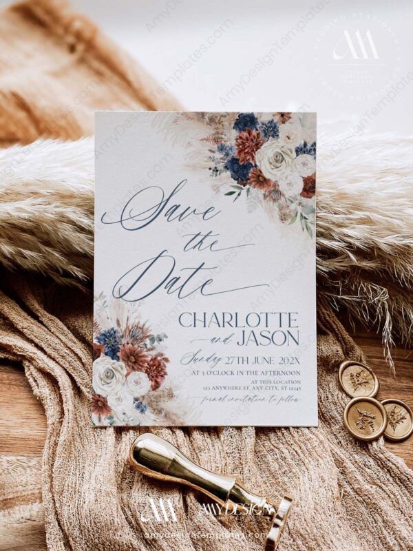 Boho Navy Rust Save The Date Template D019-05