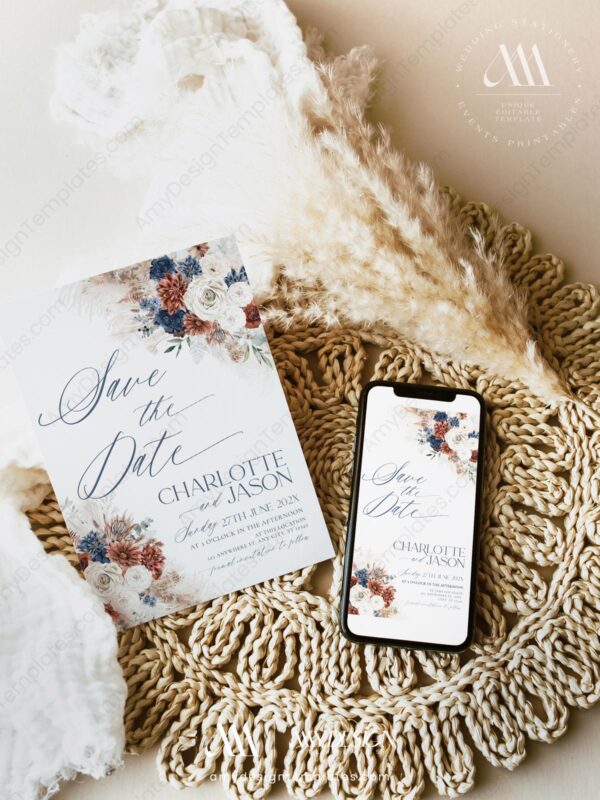 Navy Blue Rust Wedding Signs Templates | Bohemian Terracotta Wedding Signage Bundles Boho Navy Rust Save The Date Template D019-05