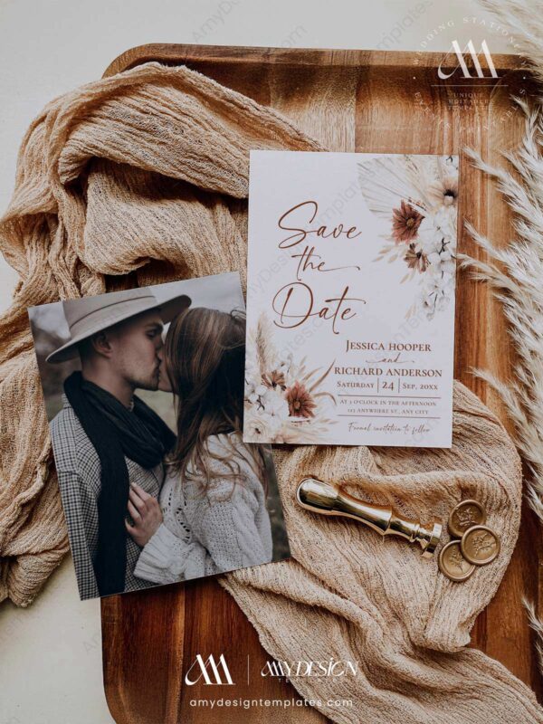 Boho Terracotta Wedding Save The Date Template With Photo D021-05