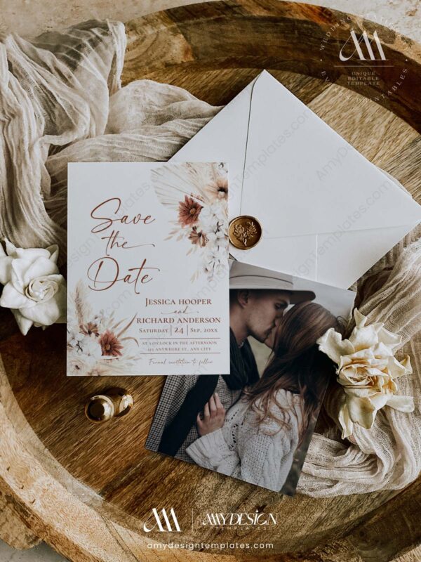 Boho Terracotta Wedding Save The Date Template With Photo | Save Our Date Printable Boho Terracotta Wedding Save The Date Template With Photo D021-05