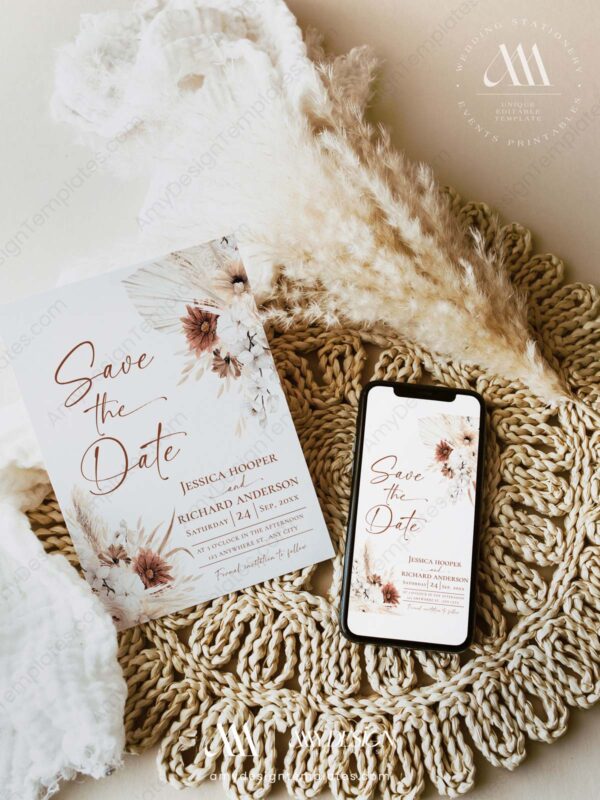 Boho Terracotta Wedding Save The Date Template With Photo D021-05