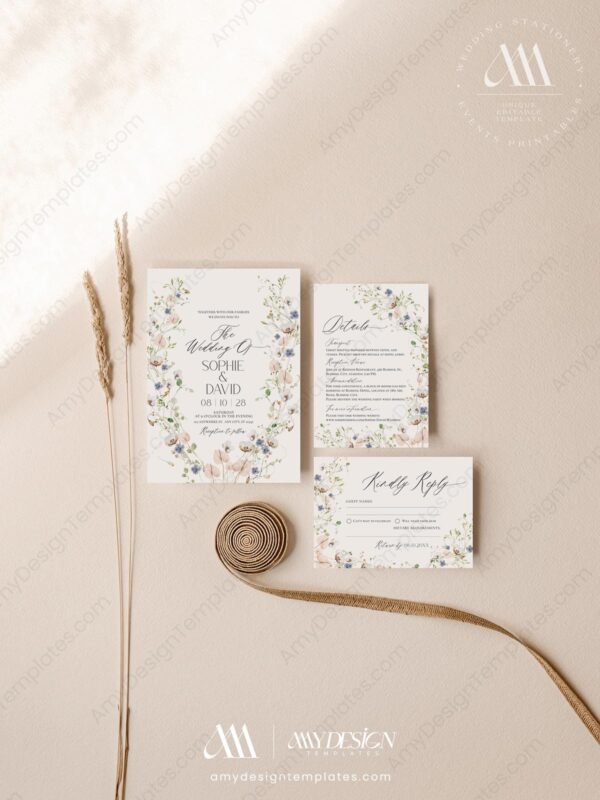 Botanical Wedding Invitation Suite Templates | Wild Flower Wedding Set | Elegant Wedding