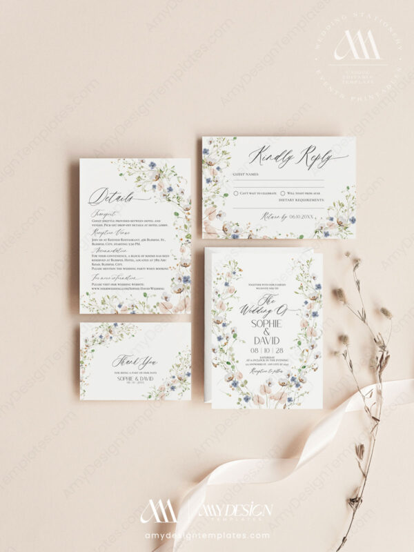 Botanical Wedding Invitation Suite Templates | Wild Flower Wedding Set | Elegant Wedding