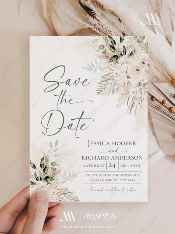 Boho Greenery Save the Date Template | Photo Wedding Save The Dates Boho Greenery Save the Date Template D024-05