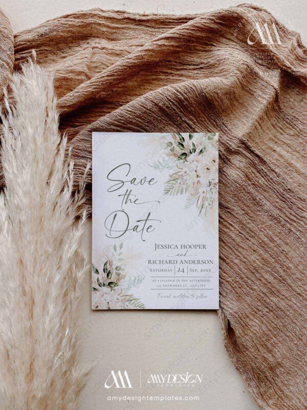 Boho Greenery Save the Date Template | Photo Wedding Save The Dates Boho Greenery Save the Date Template D024-05