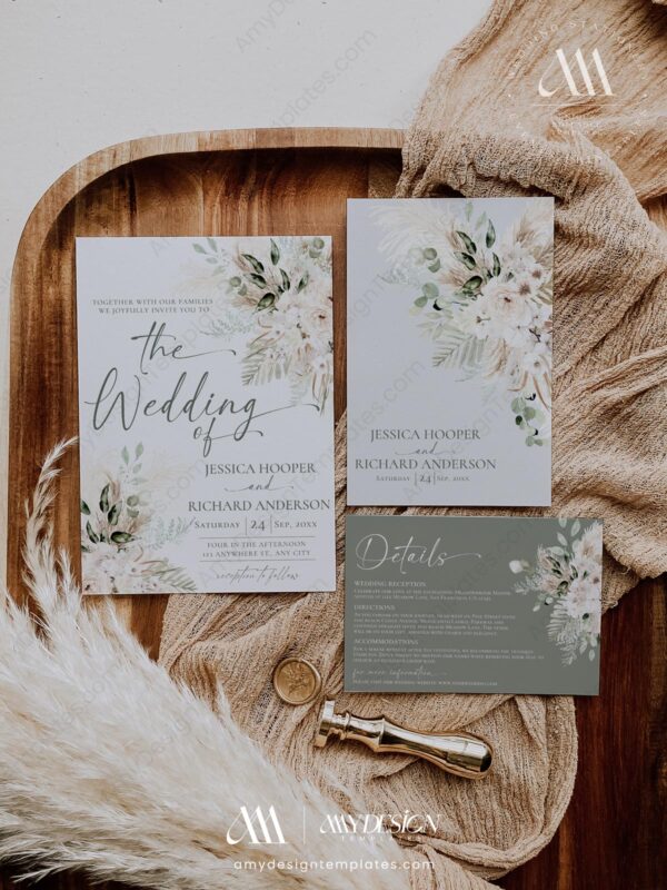Boho Greenery Wedding Invitation Set | Pampas Rustic Wedding Template