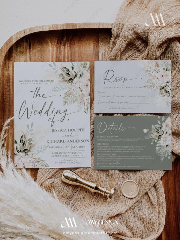 Boho Greenery Wedding Invitation Set | Pampas Rustic Wedding Template