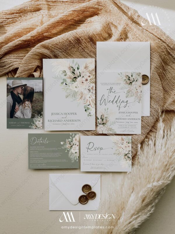 Boho Greenery Wedding Template Bundle | 50+ Templates Editable Sage Green Invitation Suite Boho Greenery Wedding Template Bundle | | Pampas Rustic Wedding Template