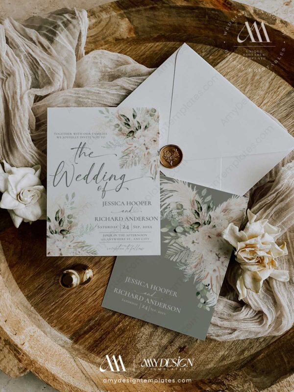 Greenery Wedding Invitation Card | Boho Rustic Wedding Invite Template