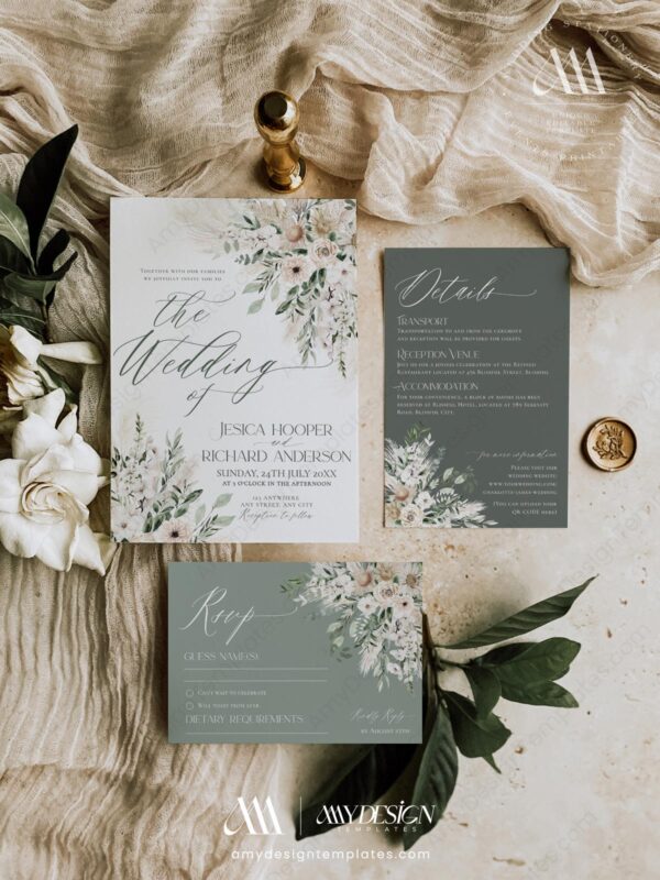 Sage Green Rustic Wedding Invitation Card | Greenery Wedding Invite Set