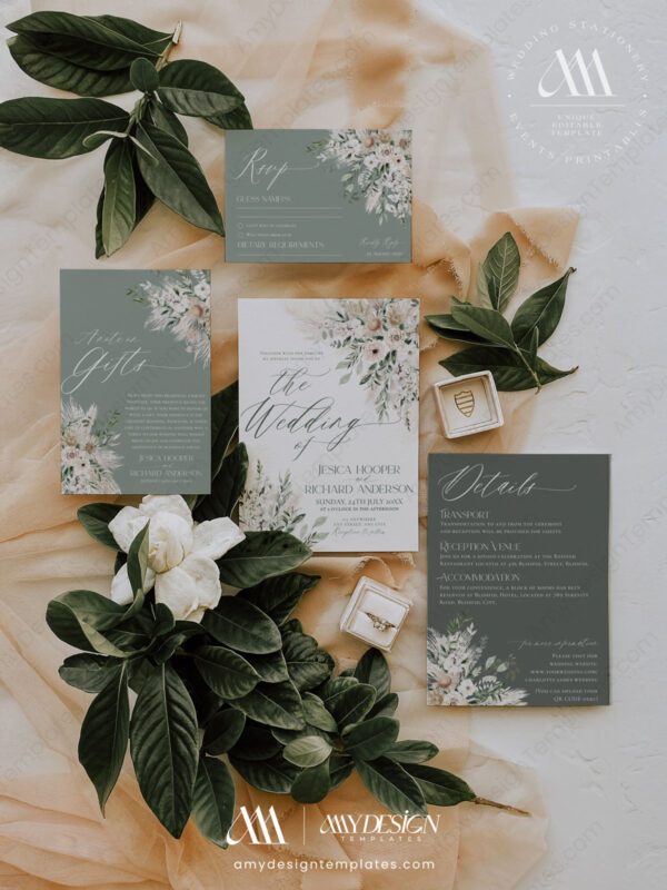 Sage Green Rustic Wedding Invitation Card | Greenery Wedding Invite Set