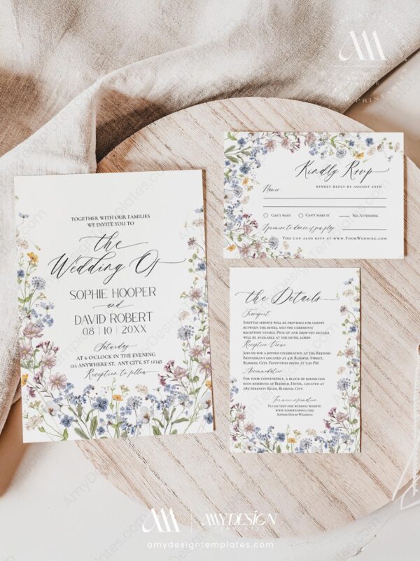 Wildflower Wedding Bundle Template | All-in-One Floral Wedding Templates Invitations & Signs Boho Wildflower Wedding Template Suite | Printable Wedding Set