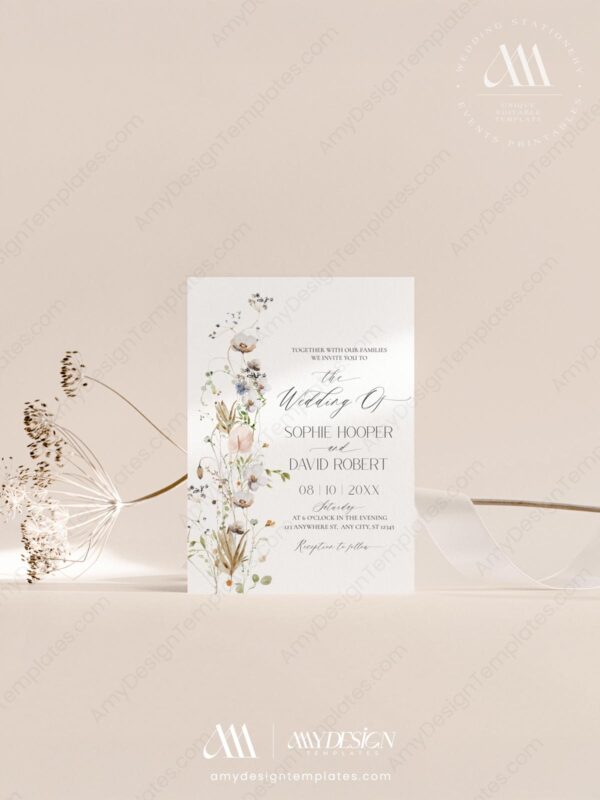 Minimalist Wildflower Wedding Invitations Template Set | Floral Wedding Suite