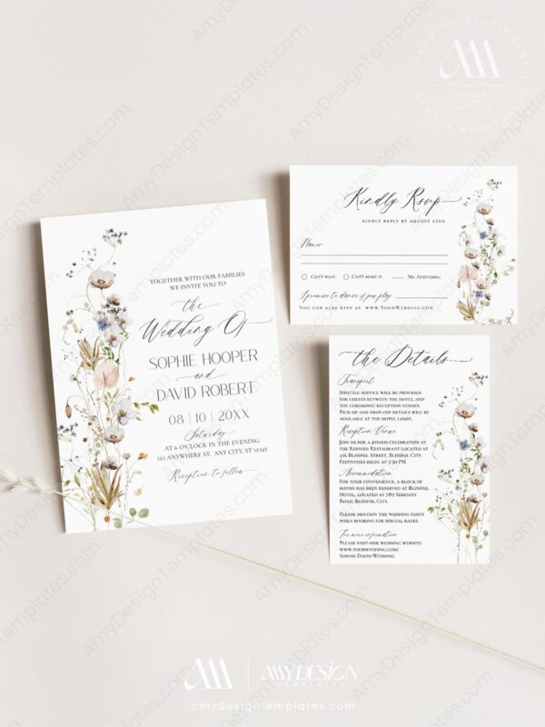 Minimalist Wildflower Wedding Invitations Template Set | Floral Wedding Suite Minimalist Wildflower Wedding Invitations Template Set | Floral Wedding Suite
