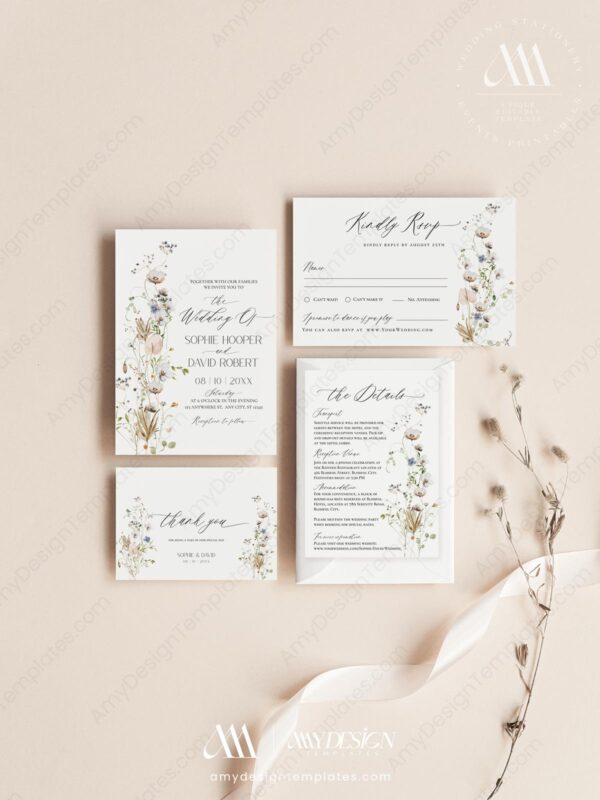 Minimalist Wildflower Wedding Invitations Template Set | Floral Wedding Suite Minimalist Wildflower Wedding Invitations Template Set | Floral Wedding Suite