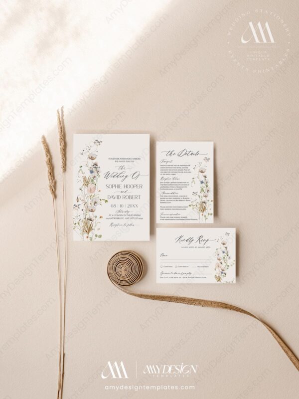 Minimalist Wildflower Wedding Invitations Template Set | Floral Wedding Suite