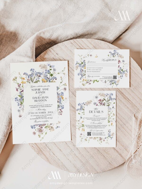 Wildflower Wedding Invitation Set Printable | Boho Floral Wedding Template