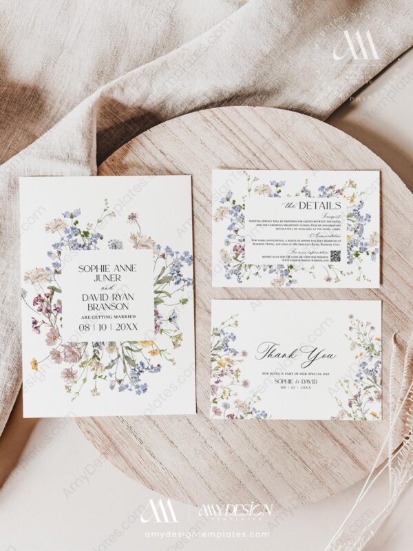 Wildflower Wedding Invitation Set Printable | Boho Floral Wedding Template Wildflower Wedding Invitation Set Printable | Boho Floral Wedding Template