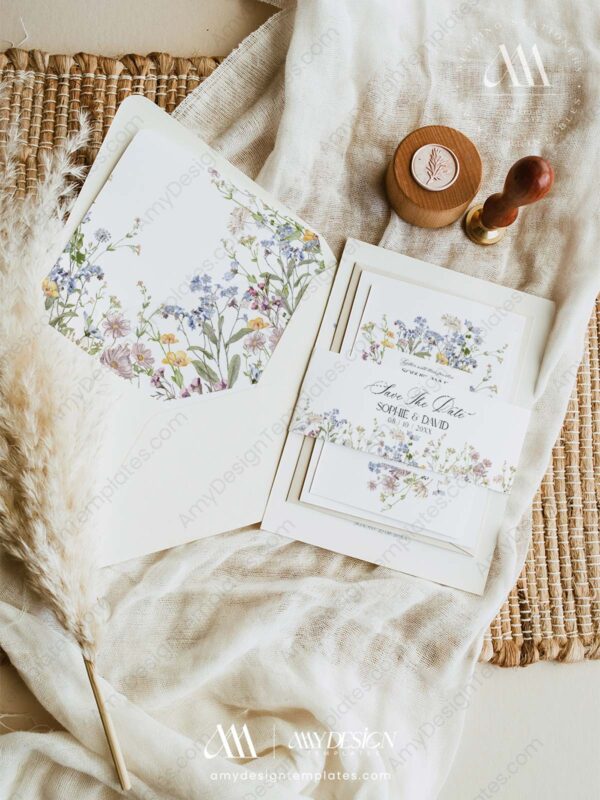 Wildflower Wedding Invitation Set Printable | Boho Floral Wedding Template Wildflower Wedding Invitation Set Printable | Boho Floral Wedding Template