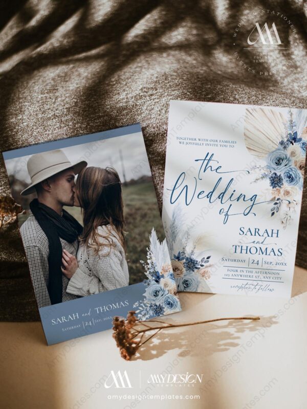 Blue Boho Wedding Invitations Suite Template | Pampas Grass Invite Blue Boho Wedding Invitations Suite Template | Pampas Grass Invite