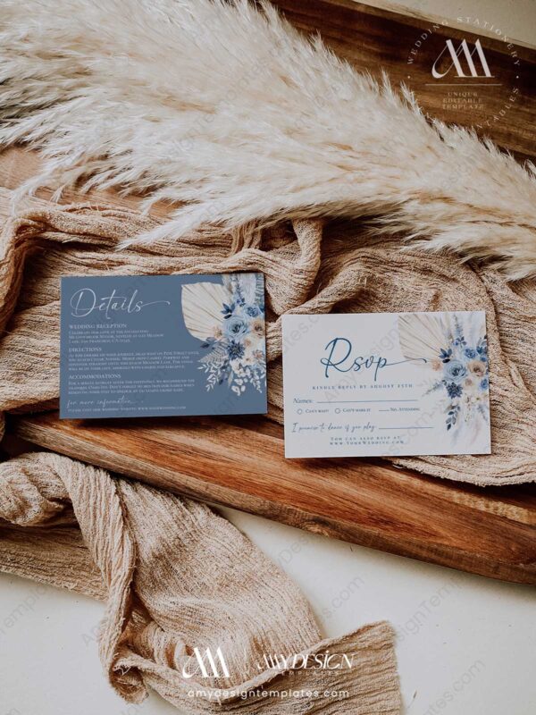 Blue Boho Wedding Invitations Suite Template | Pampas Grass Invite Blue Boho Wedding Invitations Suite Template | Pampas Grass Invite