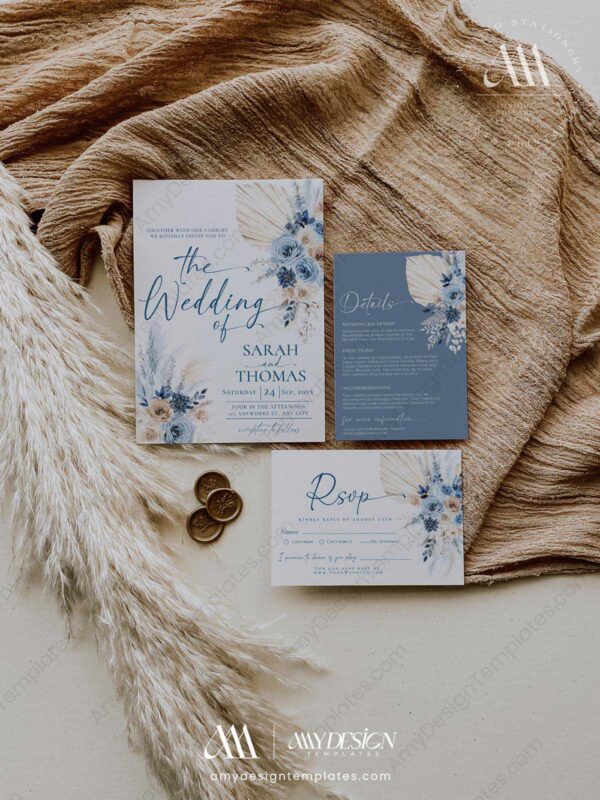5+ Free Printable Wedding Announcement Templates: Share Your Big News in Style! Blue Boho Wedding Invitations Suite Template | Pampas Grass Invite