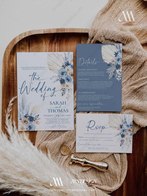 Blue Boho Wedding Invitations Suite Template | Pampas Grass Invite