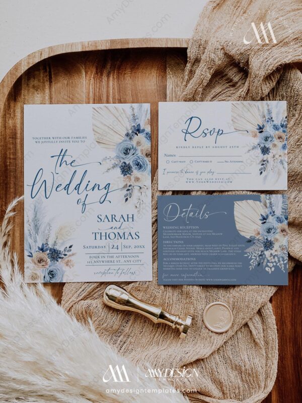 Blue Wedding Signage Bundle Template | Bohemian Reception Sign Wedding Editable Blue Boho Wedding Invitations Suite Template | Pampas Grass Invite