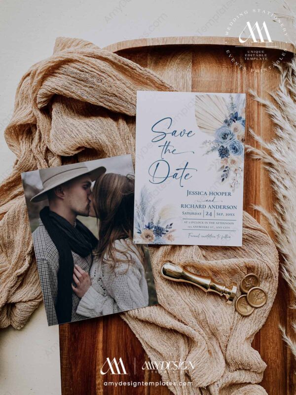 Blue Bohemian Wedding Bundle Template | Complete Wedding Stationery Kit (50+ Templates) Editable Signs & Reception 50+ Blue Bohemian Wedding Bundle Template | Blue Wedding Save The Date Template With Photo Printable D030