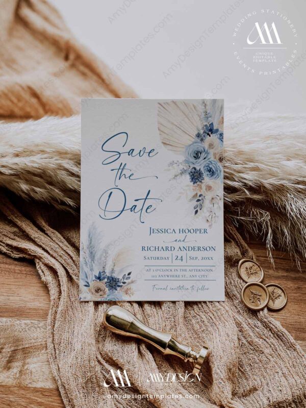 Blue Wedding Signage Bundle Template | Bohemian Reception Sign Wedding Editable Blue Wedding Save The Date Template With Photo Printable D030