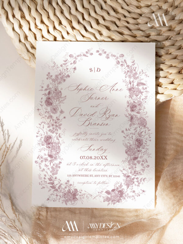 Pink Monogram Wedding Invitation Card Templates | Vintage Floral Wedding Set