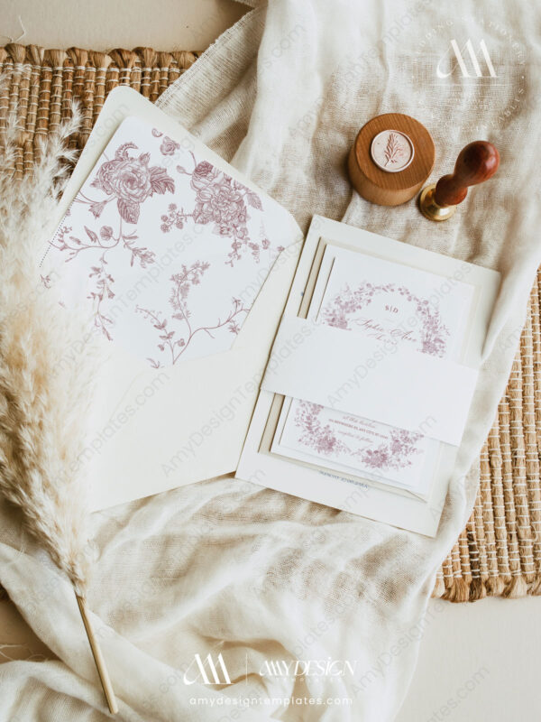 Pink Monogram Wedding Invitation Card Templates | Vintage Floral Wedding Set Pink Monogram Wedding Invitation Card Templates | Vintage Floral Wedding Set