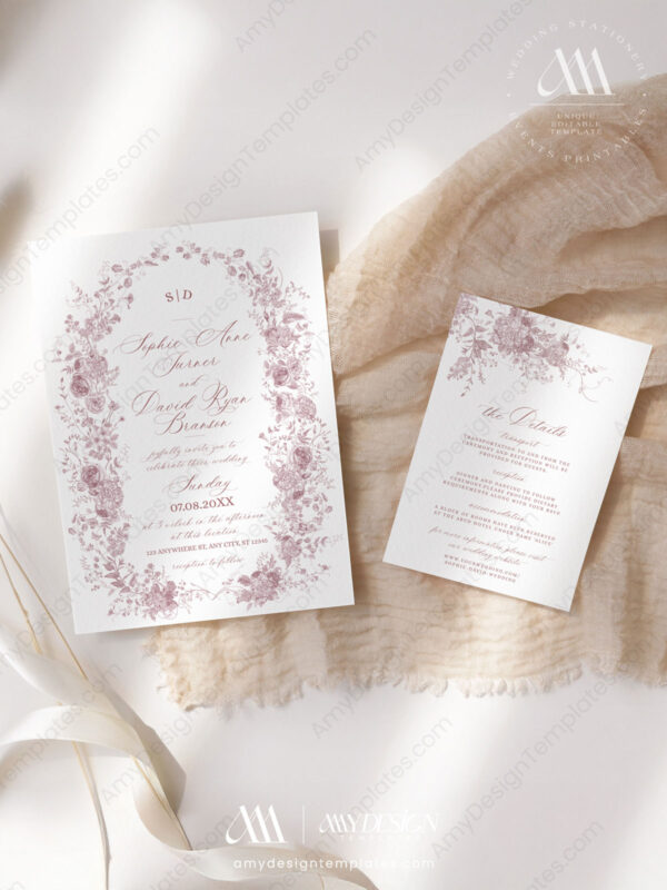 Pink Monogram Wedding Invitation Card Templates | Vintage Floral Wedding Set Pink Monogram Wedding Invitation Card Templates | Vintage Floral Wedding Set