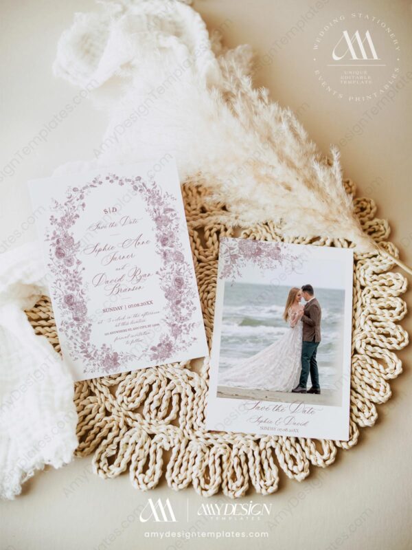 French Toile Floral Wedding Invitations Template Bundle | All-in-One Wedding Templates Invitations & Signs French Toile Floral Wedding Invitations Template Bundle | Monogram Save The Date Template D031-2A