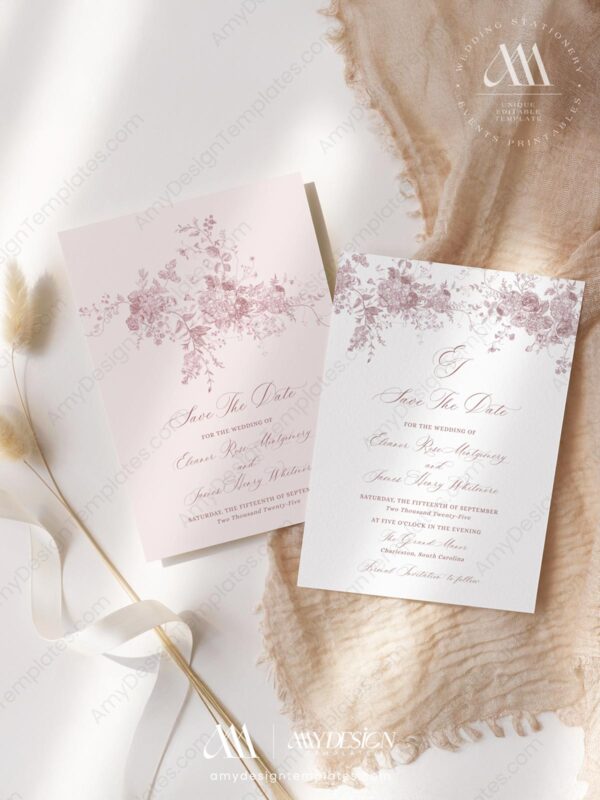 Minimalist Pink Save The Date Card | Monogram Save The Date Template | Vintage Wedding Minimalist Pink Save The Date Card D031-2B