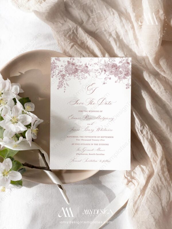 Minimalist Pink Save The Date Card | Monogram Save The Date Template | Vintage Wedding Minimalist Pink Save The Date Card D031-2B