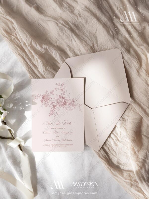 Minimalist Pink Save The Date Card | Monogram Save The Date Template | Vintage Wedding Minimalist Pink Save The Date Card D031-2B