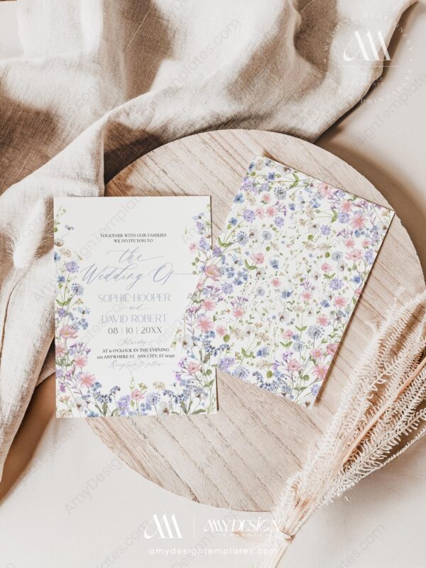 Pastel Wildflower Wedding Invitation Set Templates | Floral Wedding Card | Baby Pink Baby Blue Pastel Wildflower Wedding Invitation Set Templates | Floral Wedding Card | Baby Pink Baby Blue