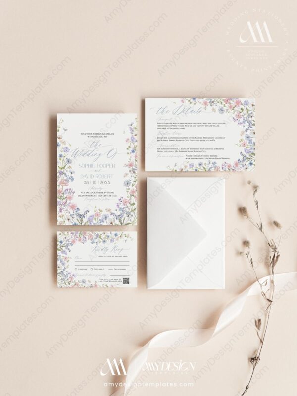 Pastel Wildflower Wedding Invitation Set Templates | Floral Wedding Card | Baby Pink Baby Blue Pastel Wildflower Wedding Invitation Set Templates | Floral Wedding Card | Baby Pink Baby Blue