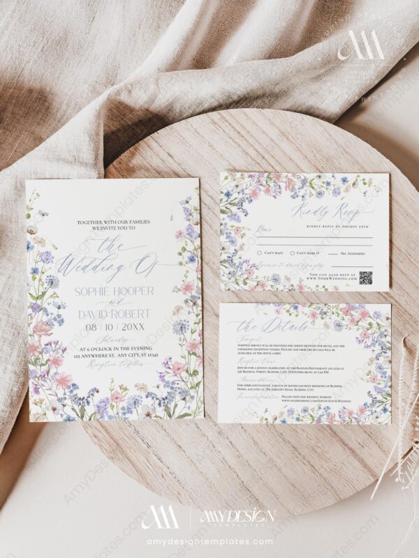 Pastel Wildflower Wedding Invitation Set Templates | Floral Wedding Card | Baby Pink Baby Blue