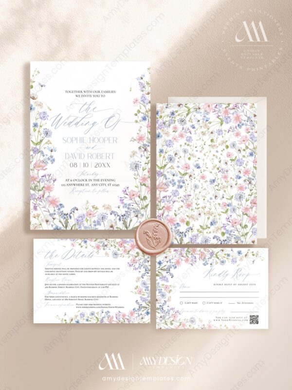 Pastel Wildflower Wedding Invitation Set Templates | Floral Wedding Card | Baby Pink Baby Blue Pastel Wildflower Wedding Invitation Set Templates | Floral Wedding Card | Baby Pink Baby Blue