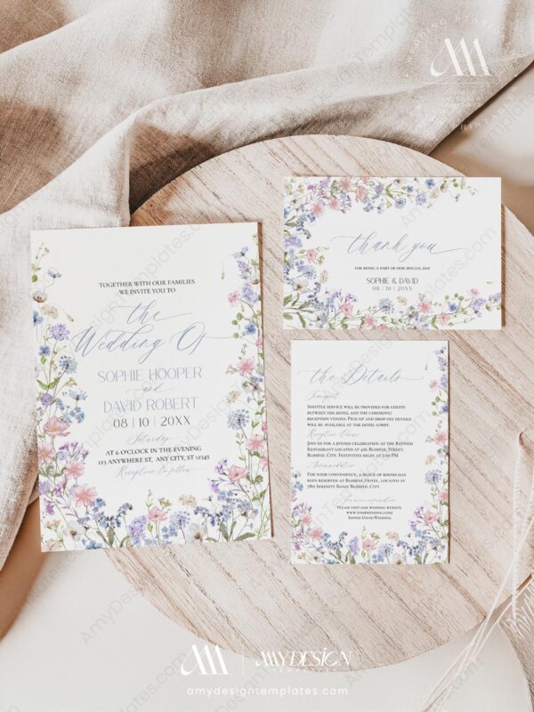 Pastel Wildflower Wedding Invitation Set Templates | Floral Wedding Card | Baby Pink Baby Blue