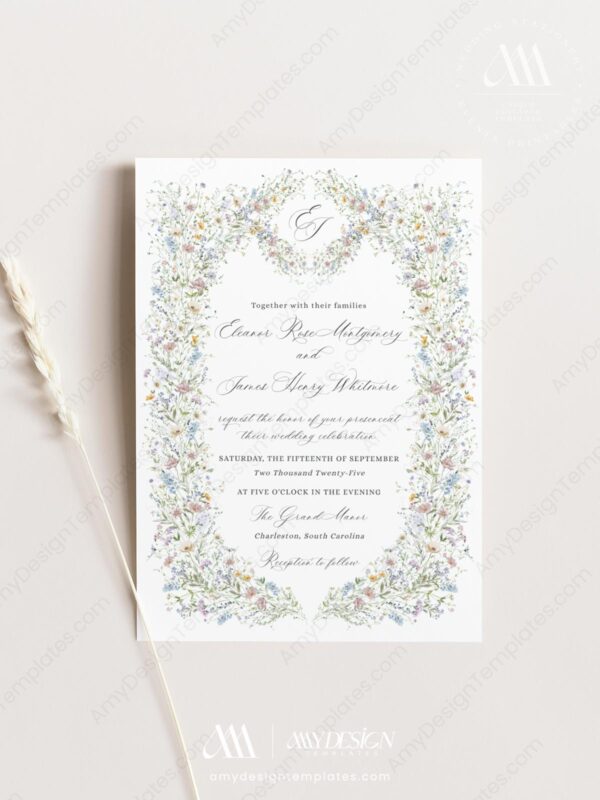 Vintage Floral Wedding Invitation Template | Wildflower Wedding Card | Formal Classic Wedding