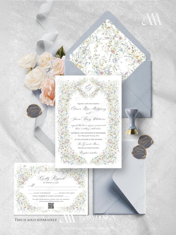 Vintage Floral Wedding Invitation Template | Wildflower Wedding Card | Formal Classic Wedding Wildflower Vintage Wedding Invitation Card | Floral Wedding Suite Template | Formal Classic Wedding