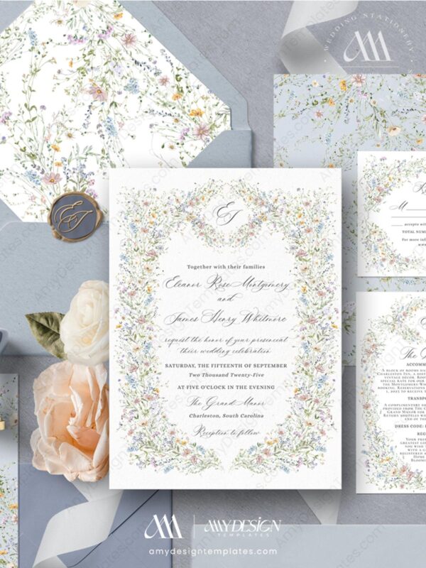 Wildflower Vintage Wedding Invitation Card | Floral Wedding Suite Template | Formal Classic Wedding Wildflower Vintage Wedding Invitation Card | Floral Wedding Suite Template | Formal Classic Wedding