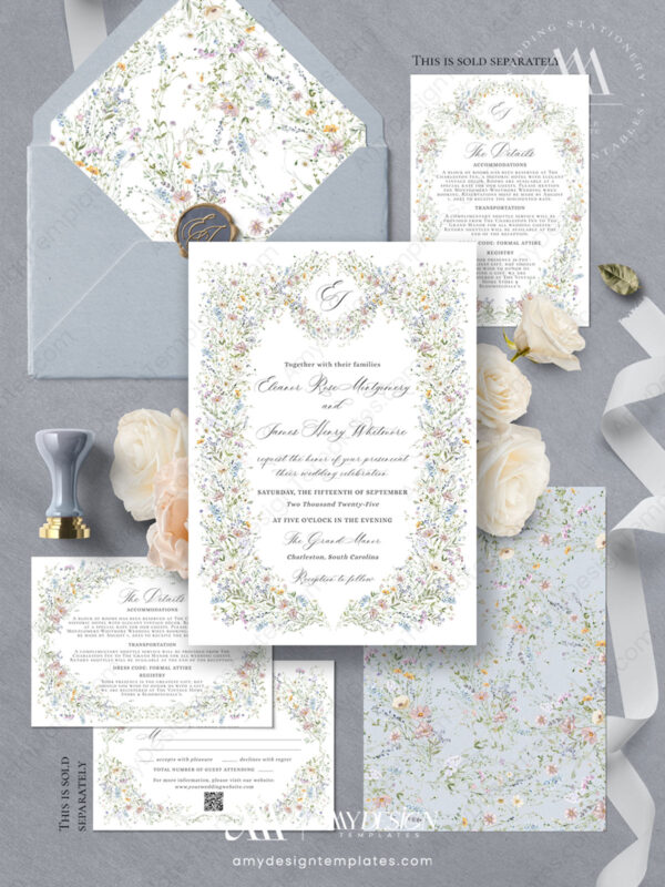Wildflower Vintage Wedding Invitation Card | Floral Wedding Suite Template | Formal Classic Wedding