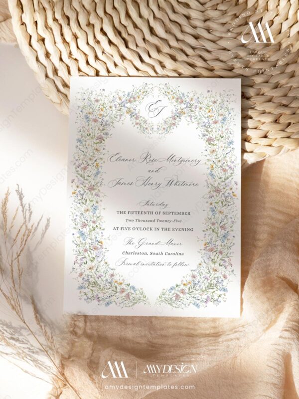 Vintage Wildflower Wedding Save The Date Template | Save The Date Cards Printable Vintage Wildflower Wedding Save The Date Template D033