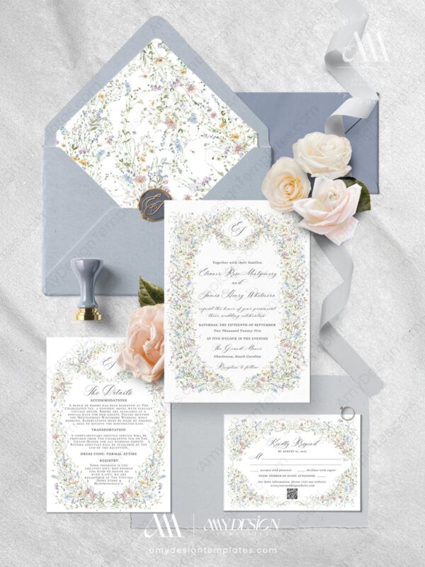 Wildflower Vintage Wedding Invitation Card | Floral Wedding Suite Template | Formal Classic Wedding