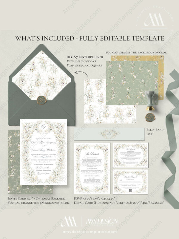 Vintage Wildflower Wedding Invitations Set Template | Botanical Wedding