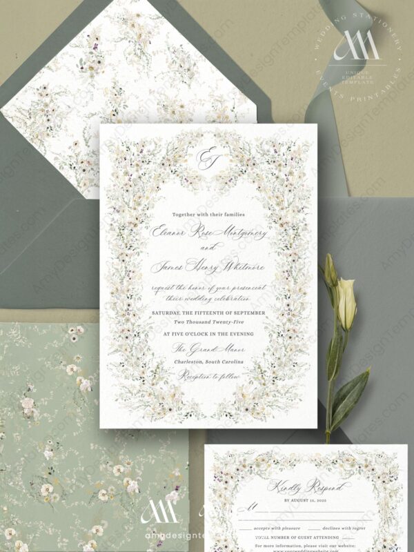 Vintage Wildflower Wedding Invitations Set Template | Botanical Wedding